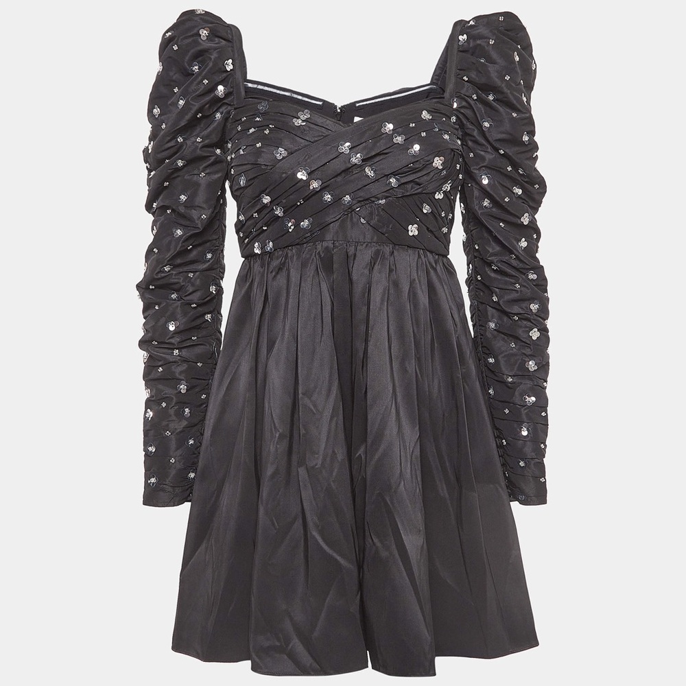 NWT! SELF-PORTRAIT Black Cluster Sequin Taffeta Long Sleeve Mini Party Dress US2